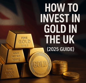 How to Buy BYD Shares 20 Digital graphic of stacked gold bars and coins with UK flag background and text reading ‘How to Invest in Gold in the UK (2025 Guide)