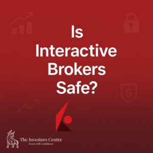 Dark red gradient background with white text 'Is Interactive Brokers Safe?', featuring Interactive Brokers logo and subtle security icons like shield, checkmark, and financial charts with TIC Bull Logo bottom left