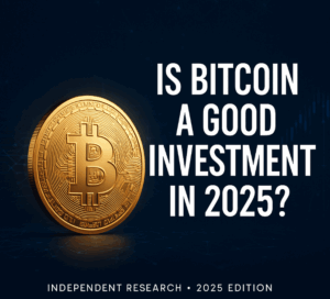 Bitcoin coin glowing on a dark blockchain background with text ‘Is Bitcoin a Good Investment in 2025?’ – Independent Research 2025 Edition