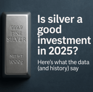 How to Buy BYD Shares 16 Silver bullion bar beside text asking “Is silver a good investment in 2025?” representing silver investment analysis.
