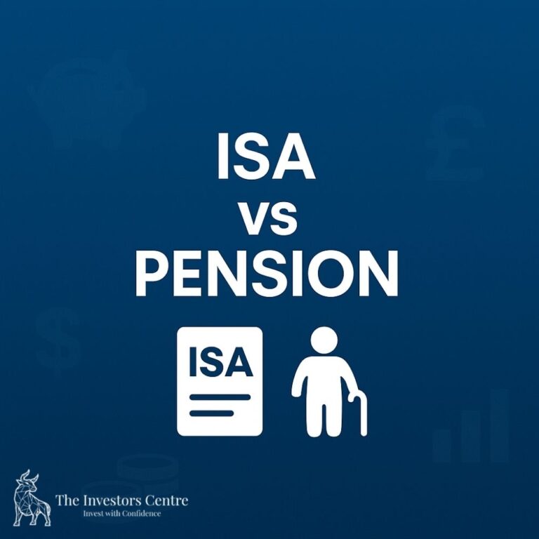 Square blue gradient background with white text 'ISA vs Pension', icons representing savings (ISA document), retirement (pension figure), and subtle financial symbols in background with TIC Bull in bottom left corner