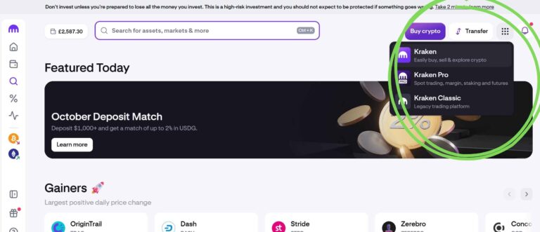 Kraken crypto exchange dashboard displaying featured promotions and quick access to Kraken Pro and Kraken Classic