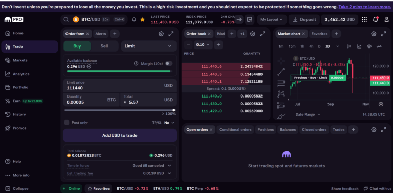 Screenshot of Kraken Pro cryptocurrency trading platform with Bitcoin to USD chart, order form, and open orders panel.