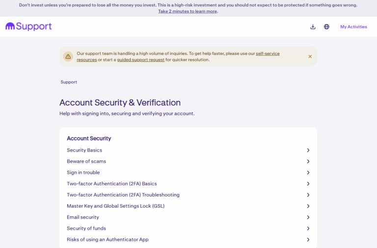Kraken Support page for account security and verification, covering topics like two-factor authentication, email security, and scam prevention