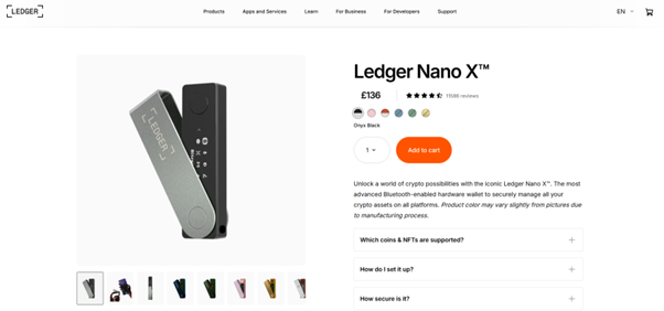 Product page of the Ledger Nano X hardware wallet used for secure offline Solana storage in the UK.