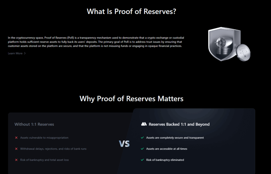 Is MEXC Safe? 7 Explanation of MEXC Proof of Reserves system highlighting how 1:1 asset backing protects users and builds trust through transparency in crypto exchange operations.