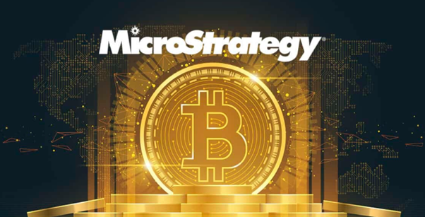 Digital artwork showing a golden Bitcoin coin and the MicroStrategy logo, symbolizing the company’s large Bitcoin treasury holdings.