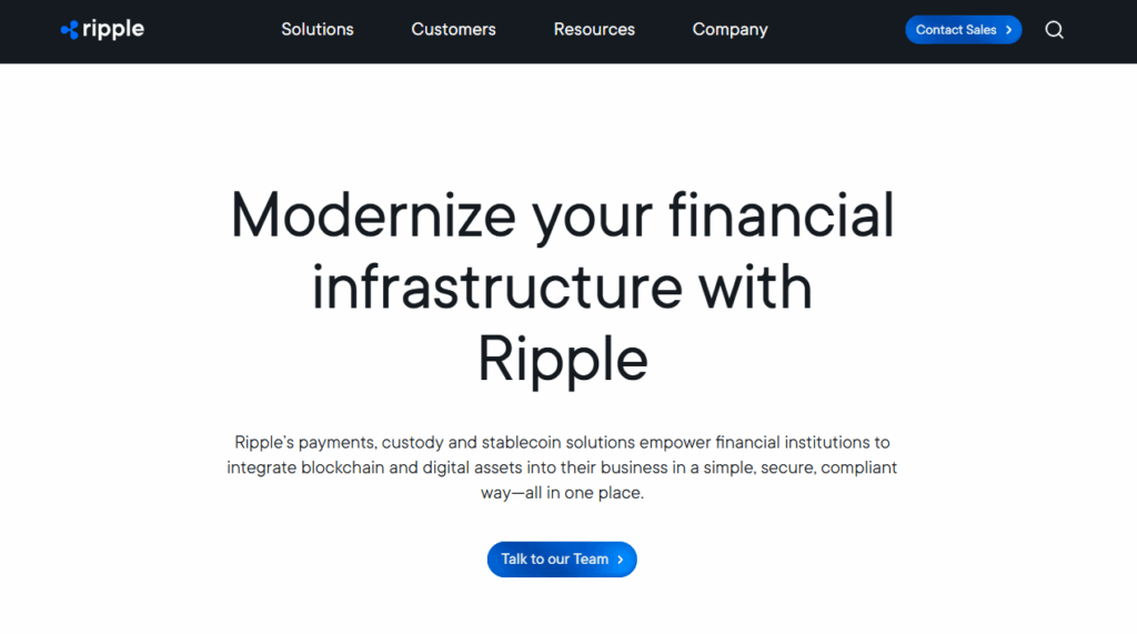 Ripple official website homepage showcasing blockchain solutions for financial institutions and payments