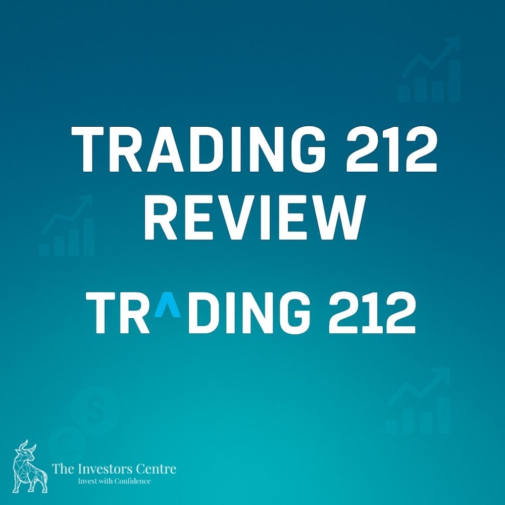Blue gradient background with white text 'Trading 212 Review', Trading 212 logo centered, subtle upward trending chart icons, and The Investors Centre logo at bottom left