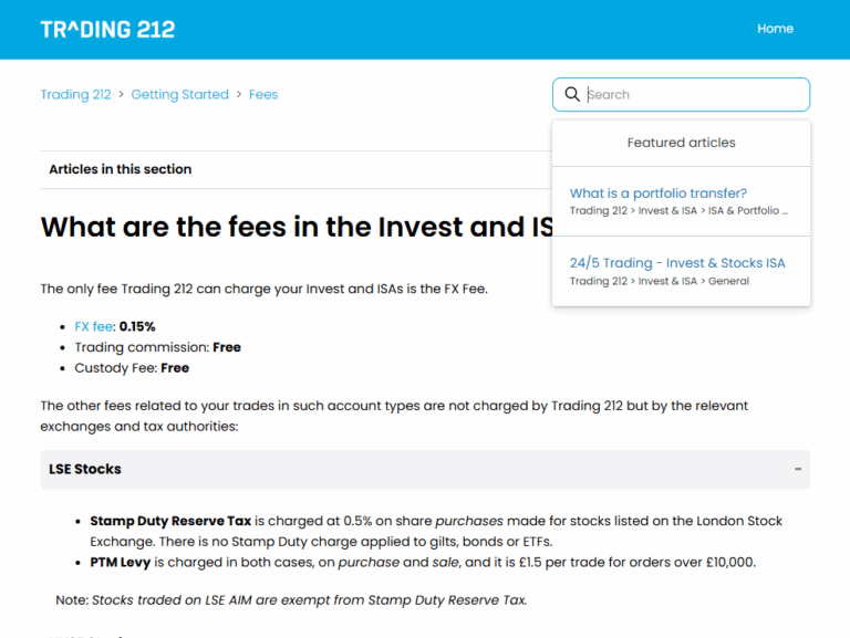 Trading 212 help page explaining Invest and ISA account fees, including FX fee of 0.15% and free trading commission