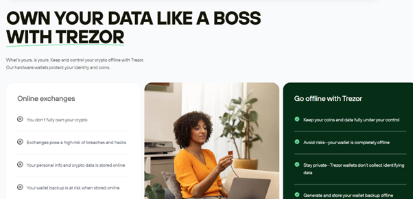 Trezor hardware wallet promotional banner highlighting offline crypto storage and personal data security.