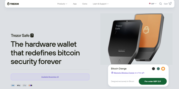 Trezor Safe 7 Pre-Order Guide | Features & Release Date 1 Official Trezor Safe 7 product page showing Bitcoin Orange edition and preorder option for the next-generation hardware wallet.