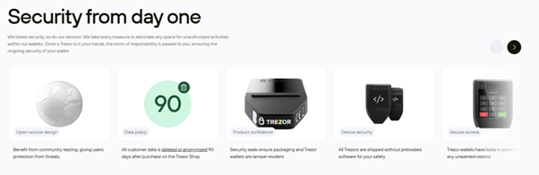 Trezor wallet security overview showing open-source design, data protection policy, and tamper-evident hardware.