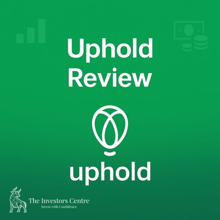 Dark teal gradient background with white text 'Uphold Review', featuring Uphold logo and subtle financial icons like digital wallet, charts, upward arrows, and cryptocurrency symbols and the TIC Bull Logo.