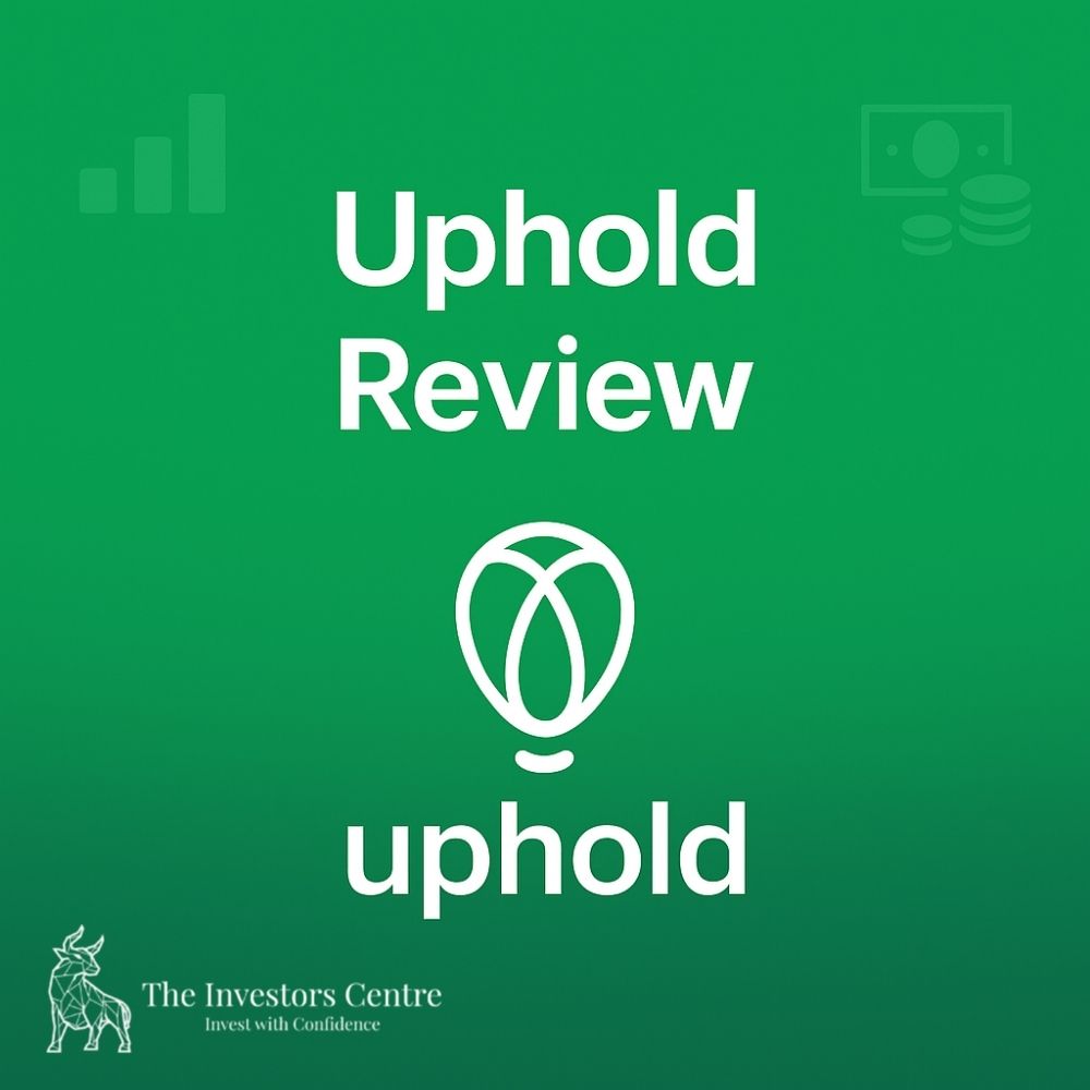 Dark teal gradient background with white text 'Uphold Review', featuring Uphold logo and subtle financial icons like digital wallet, charts, upward arrows, and cryptocurrency symbols and the TIC Bull Logo.