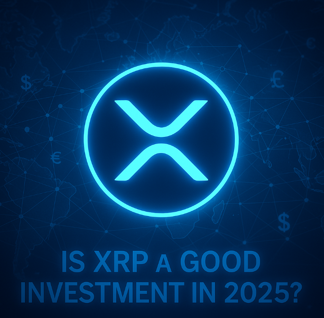 XRP logo glowing on digital blockchain network background with text ‘Is XRP a Good Investment in 2025’