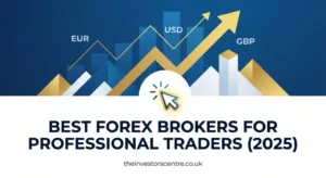 Alt text: "Graphic showcasing rising currency trends with arrows labeled EUR, USD, and GBP. Text below reads 'Best Forex Brokers for Professional Traders (2025).' The tone is dynamic and professional."
