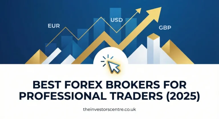 Alt text: "Graphic showcasing rising currency trends with arrows labeled EUR, USD, and GBP. Text below reads 'Best Forex Brokers for Professional Traders (2025).' The tone is dynamic and professional."