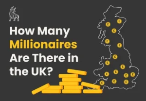 Map of the UK with pound symbols indicating millionaire locations. The text reads "How Many Millionaires Are There in the UK?" A stack of gold bars is below.