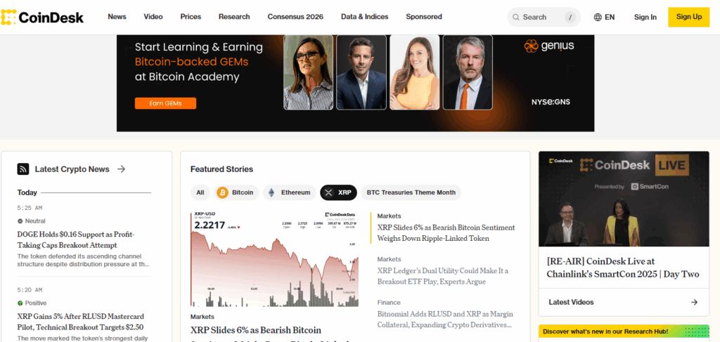 CoinDesk homepage showing latest cryptocurrency news, XRP price updates, and featured stories.