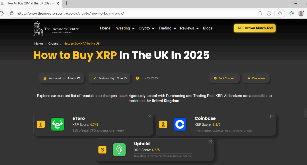 The Investors Centre guide on how to buy XRP in the UK in 2025 featuring top-rated crypto exchanges.
