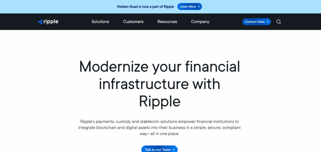 Ripple official homepage promoting blockchain-based financial infrastructure solutions for institutions.