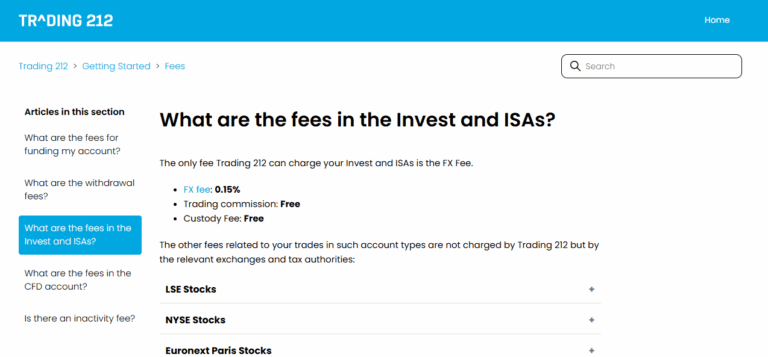 Trading 212 fees page listing FX fee, free trading commissions, and free custody for Invest and ISA accounts.