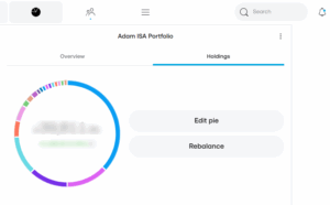 ISA portfolio screen showing pie chart allocation, portfolio value and performance percentage.