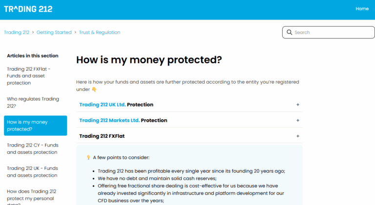 Trading 212 page explaining money protection details and regulatory entities with expandable sections.