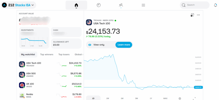 Stocks ISA dashboard showing account value, investments, cash balance, and watchlist with market charts.