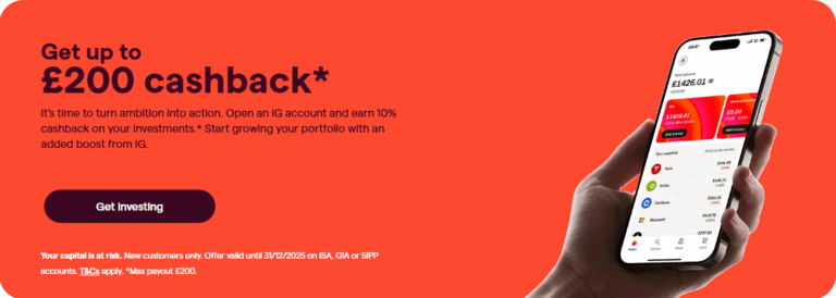 IG promotional banner offering 10% cashback on investments with phone mockup and call-to-action button.