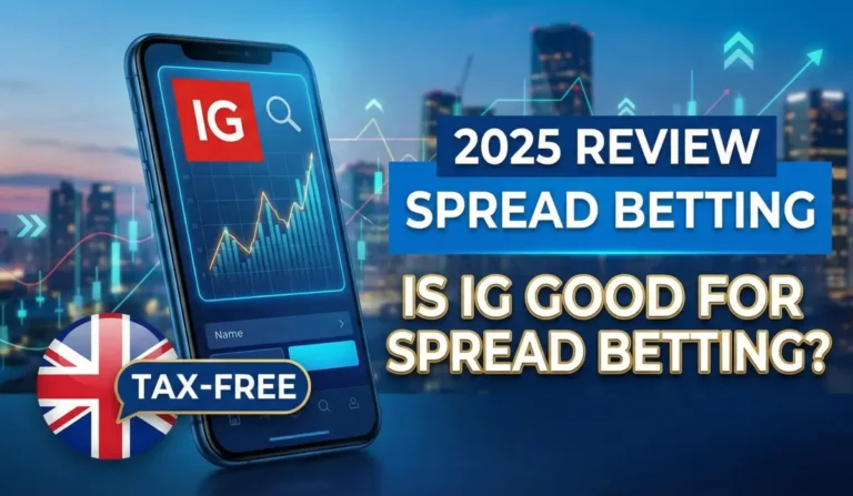 Alt text: "Image of a smartphone showing a stock chart with 'IG' logo. Text reads '2025 Review Spread Betting. Is IG Good for Spread Betting?' with a UK flag and 'Tax-Free' badge. Background features a city skyline at dusk with rising graph arrows, suggesting financial growth and analysis."