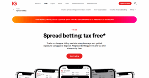 IG homepage promoting spread betting. Bold text highlights 'Spread betting: tax free*' with a red 'Start trading' button below. Phone screens show trading apps, and a colorful banner offers exclusive trades. The tone is professional and enticing.