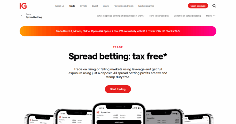 IG homepage promoting spread betting. Bold text highlights 'Spread betting: tax free*' with a red 'Start trading' button below. Phone screens show trading apps, and a colorful banner offers exclusive trades.