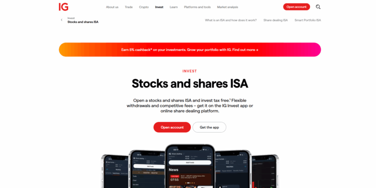 Open a stocks and shares ISA and invest tax free.¹ Flexible withdrawals and competitive fees – get it on the IG Invest app or online share dealing platform.
