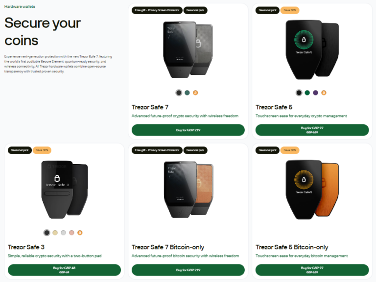 Trezor hardware wallets lineup showing Trezor Safe 7, Safe 5, Safe 3, and Bitcoin-only models with prices and buy buttons