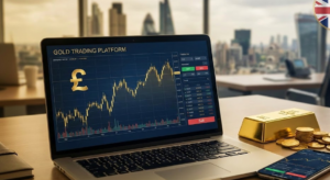 Best Options Trading Platform UK 31 Laptop displaying a gold trading chart with a pound symbol alongside gold bars on a desk, illustrating the best platforms for trading gold in the UK market.
