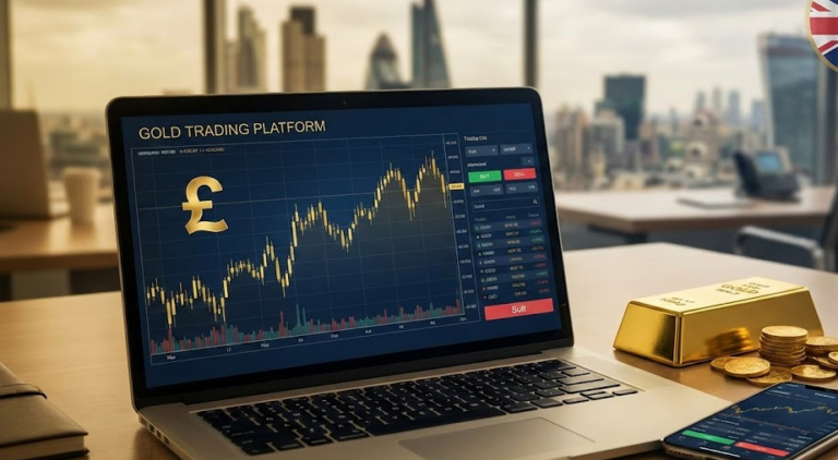 Laptop displaying a gold trading chart with a pound symbol alongside gold bars on a desk, illustrating the best platforms for trading gold in the UK market.
