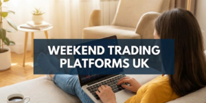 A relaxed home office setup on a Saturday morning with coffee and a tablet displaying cryptocurrency and forex charts, illustrating the best platforms for weekend trading in the UK.