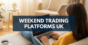 Best Options Trading Platform UK 29 A relaxed home office setup on a Saturday morning with coffee and a tablet displaying cryptocurrency and forex charts, illustrating the best platforms for weekend trading in the UK.