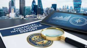 Financial Intelligence Report document with a magnifying glass and digital charts, illustrating independent UK broker testing and FCA verification.