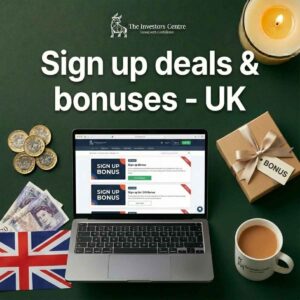 Best Options Trading Platform UK 33 A flatlay photograph with The Investors Centre logo and the title text 'Sign up deals & bonuses - UK'. The scene includes a laptop displaying various sign-up offer pages, alongside UK pound notes and coins, a Union Jack flag, a cup of tea, and a gift box tagged 'BONUS' on a dark green surface