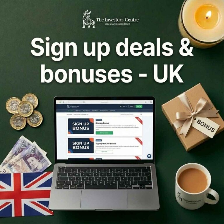 A flatlay photograph with The Investors Centre logo and the title text 'Sign up deals & bonuses - UK'. The scene includes a laptop displaying various sign-up offer pages, alongside UK pound notes and coins, a Union Jack flag, a cup of tea, and a gift box tagged 'BONUS' on a dark green surface