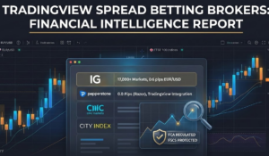 Best Options Trading Platform UK 35 Financial Intelligence Report dashboard comparing top TradingView spread betting brokers (IG, Pepperstone, CMC Markets) with EUR/USD spread data and FCA regulation status.