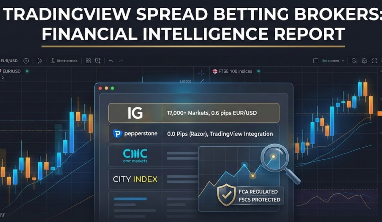 Financial Intelligence Report dashboard comparing top TradingView spread betting brokers (IG, Pepperstone, CMC Markets) with EUR/USD spread data and FCA regulation status.