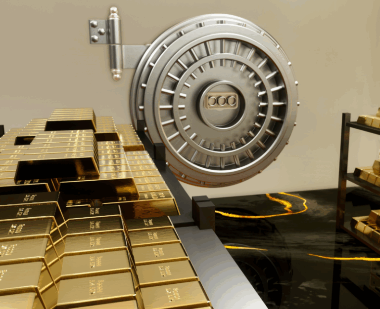 Stack of gold bullion bars stored in the secure vaults of the Bank of England, representing the United Kingdom's gold reserves.