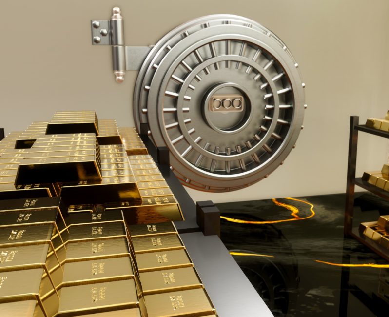 Stack of gold bullion bars stored in the secure vaults of the Bank of England, representing the United Kingdom's gold reserves.