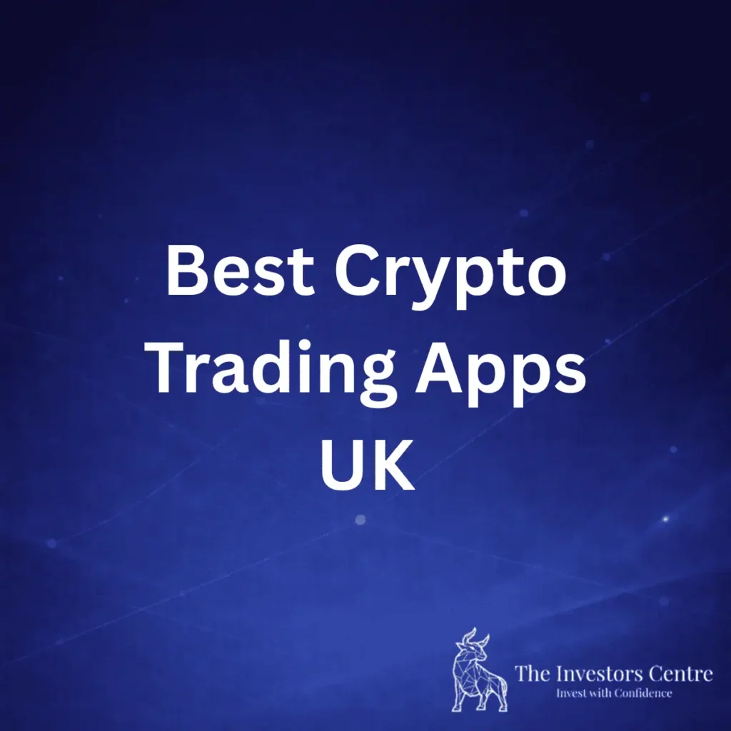 Best crypto trading apps UK guide cover image with blue background and The Investors Centre branding