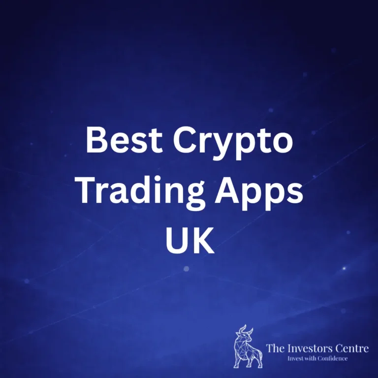 Best crypto trading apps UK guide cover image with blue background and The Investors Centre branding
