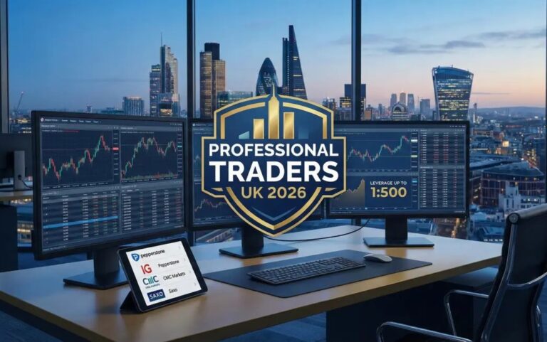 Trading desk with three monitors displaying stock charts, set in a modern office with a cityscape view. "Professional Traders UK 2026" is prominently shown.